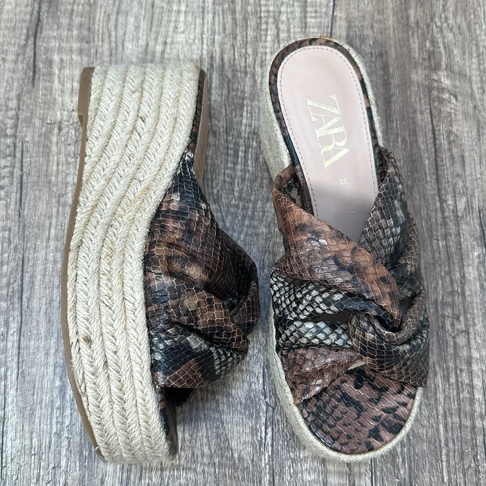 Zara Brown Snakeskin Jute Espadrille Platform Slide Sandals Sz 38 / 7.5